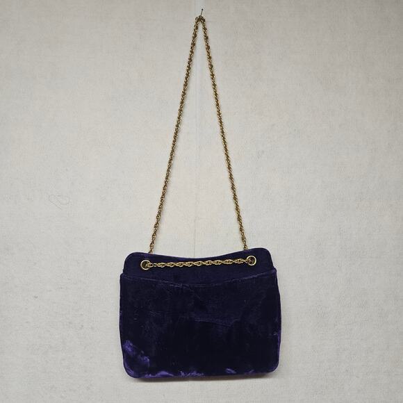 Vintage Miss Lewis Ladies Purple Velvet Evening Bag Gold Tone Chain Strap - Picture 1 of 8